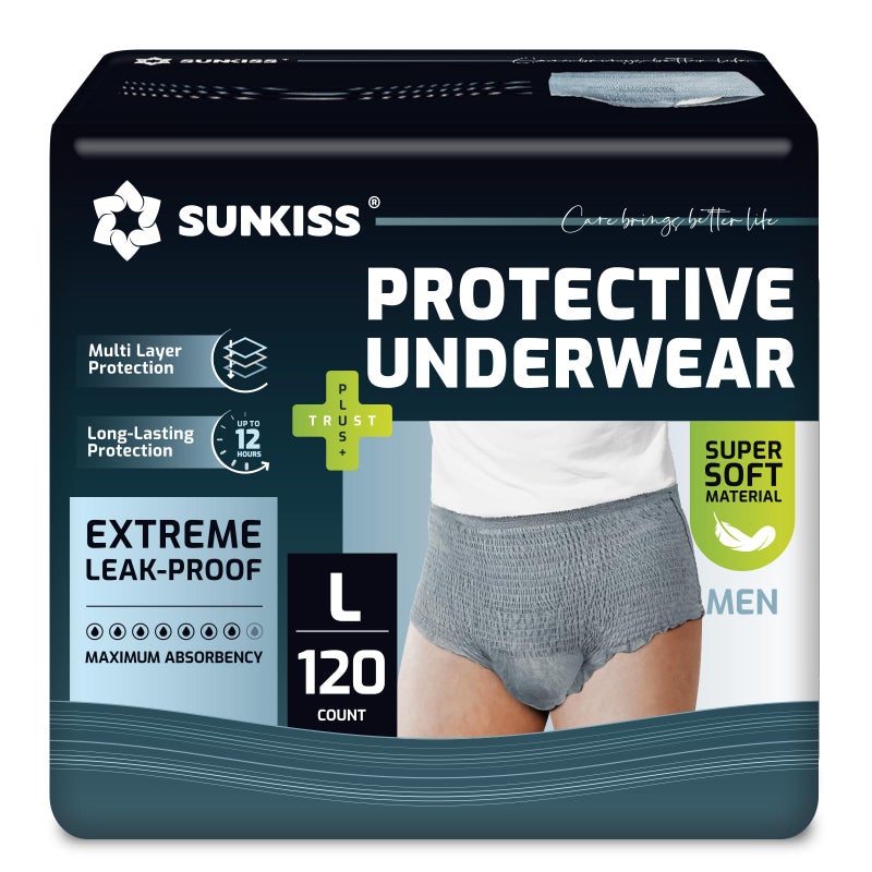 SUNKISS Incontinence Pants for Men, Daytime Disposable Adult Pull Ups, Mens Protective Underwear with Maximum Absorbency, Grey, Large, 120 Count (4 Packs of 30)